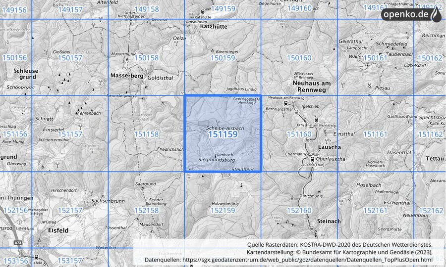 Übersichtskarte des KOSTRA-DWD-2020-Rasterfeldes Nr. 151159