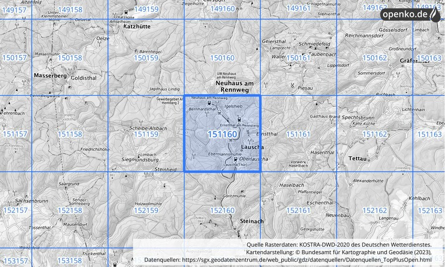 Übersichtskarte des KOSTRA-DWD-2020-Rasterfeldes Nr. 151160