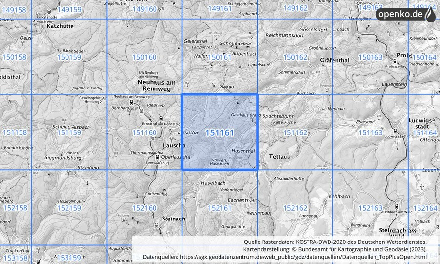 Übersichtskarte des KOSTRA-DWD-2020-Rasterfeldes Nr. 151161