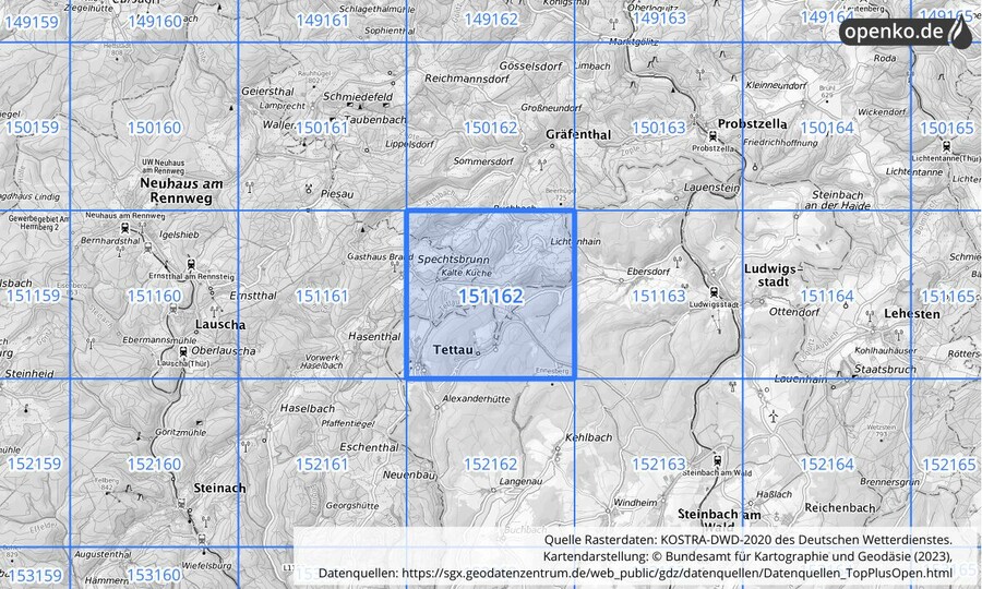 Übersichtskarte des KOSTRA-DWD-2020-Rasterfeldes Nr. 151162
