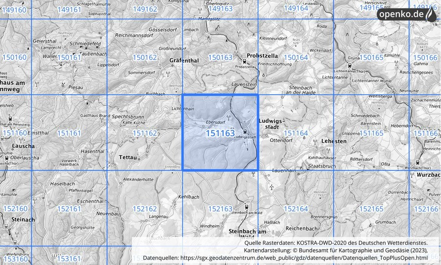 Übersichtskarte des KOSTRA-DWD-2020-Rasterfeldes Nr. 151163