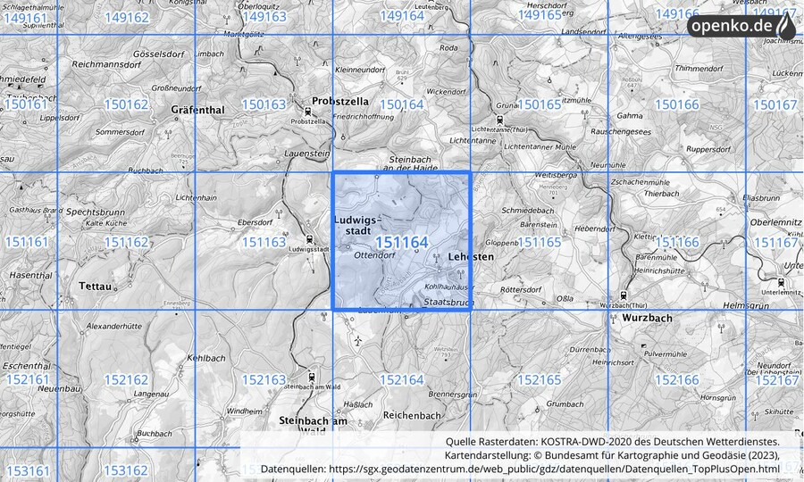 Übersichtskarte des KOSTRA-DWD-2020-Rasterfeldes Nr. 151164