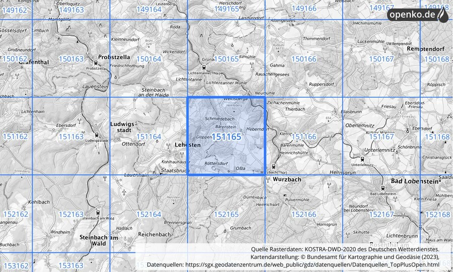 Übersichtskarte des KOSTRA-DWD-2020-Rasterfeldes Nr. 151165