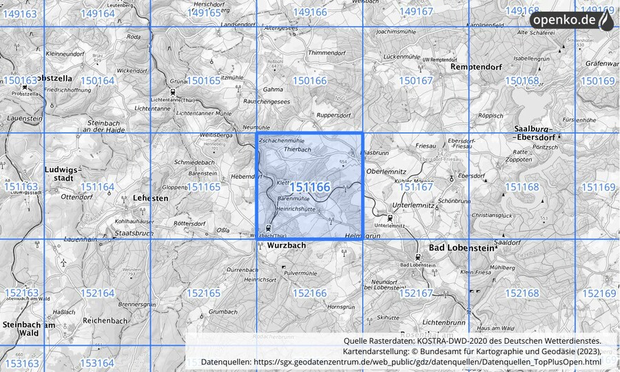 Übersichtskarte des KOSTRA-DWD-2020-Rasterfeldes Nr. 151166