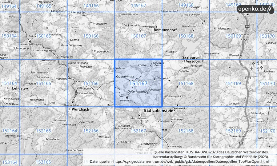 Übersichtskarte des KOSTRA-DWD-2020-Rasterfeldes Nr. 151167
