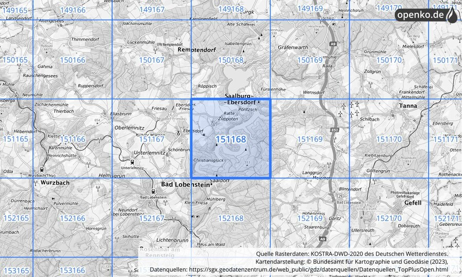 Übersichtskarte des KOSTRA-DWD-2020-Rasterfeldes Nr. 151168