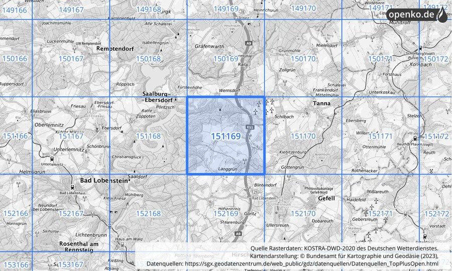 Übersichtskarte des KOSTRA-DWD-2020-Rasterfeldes Nr. 151169