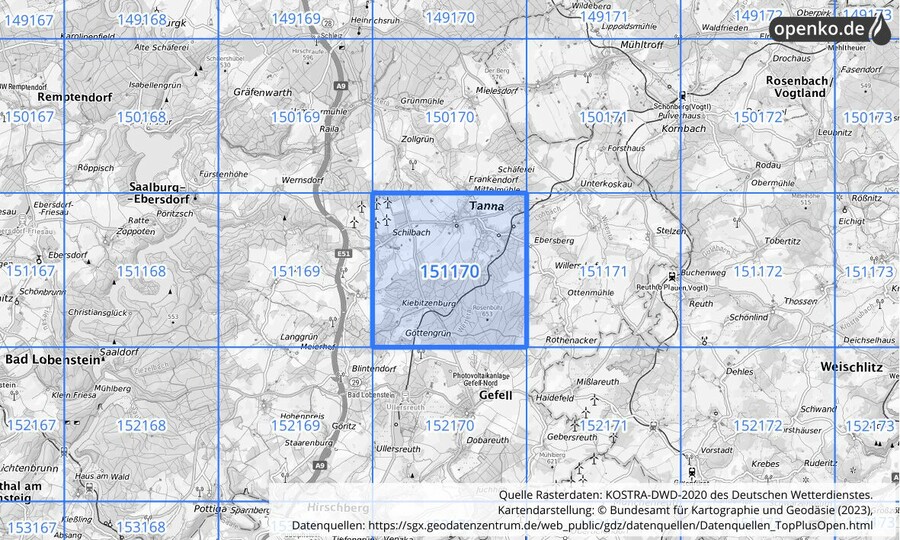 Übersichtskarte des KOSTRA-DWD-2020-Rasterfeldes Nr. 151170