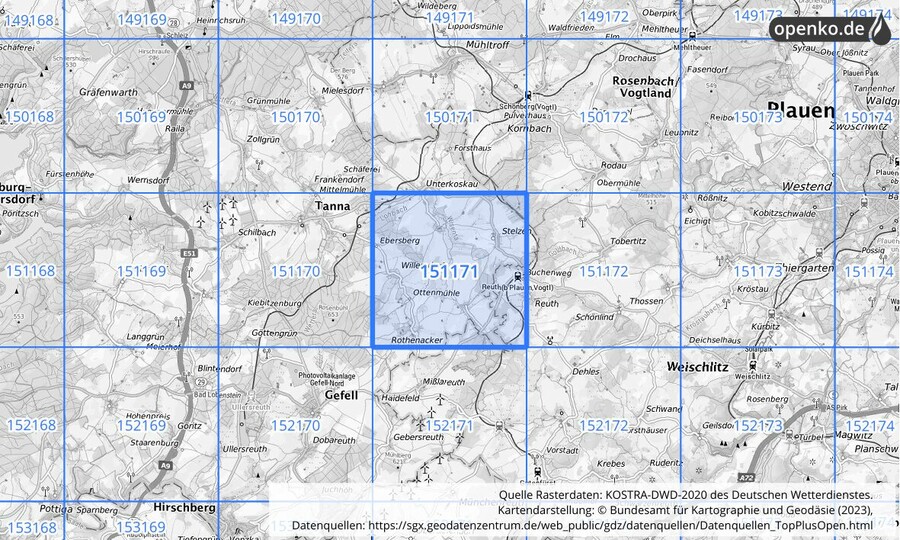 Übersichtskarte des KOSTRA-DWD-2020-Rasterfeldes Nr. 151171