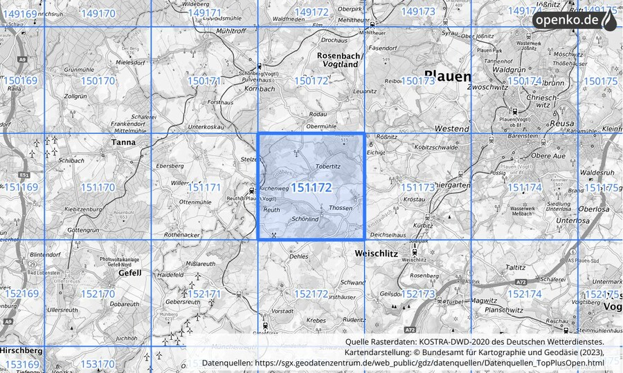 Übersichtskarte des KOSTRA-DWD-2020-Rasterfeldes Nr. 151172