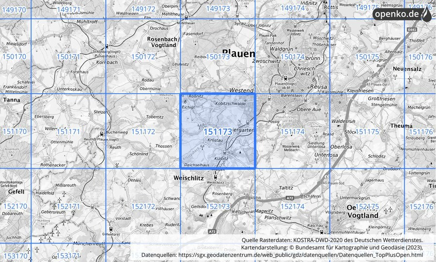 Übersichtskarte des KOSTRA-DWD-2020-Rasterfeldes Nr. 151173