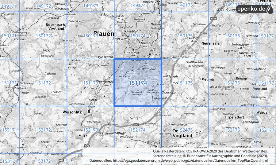 Übersichtskarte des KOSTRA-DWD-2020-Rasterfeldes Nr. 151174