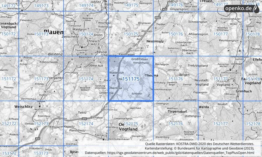 Übersichtskarte des KOSTRA-DWD-2020-Rasterfeldes Nr. 151175