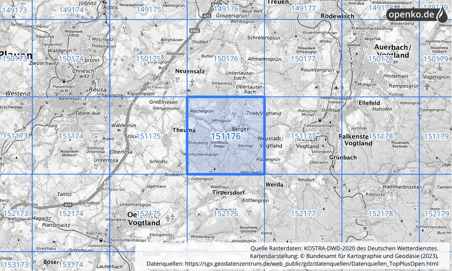 Übersichtskarte des KOSTRA-DWD-2020-Rasterfeldes Nr. 151176