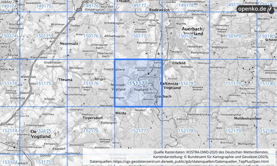 Übersichtskarte des KOSTRA-DWD-2020-Rasterfeldes Nr. 151177