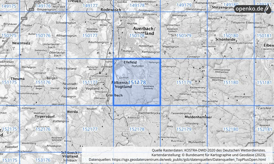 Übersichtskarte des KOSTRA-DWD-2020-Rasterfeldes Nr. 151178