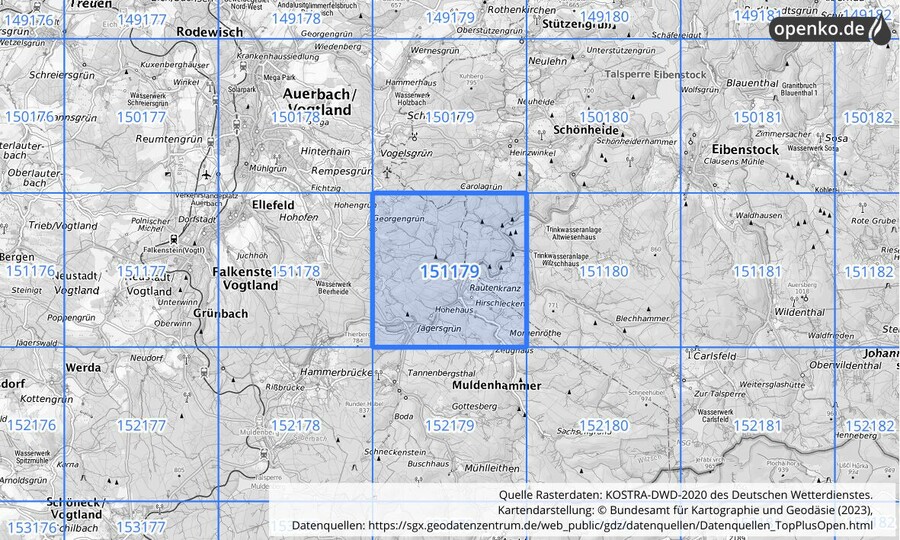 Übersichtskarte des KOSTRA-DWD-2020-Rasterfeldes Nr. 151179