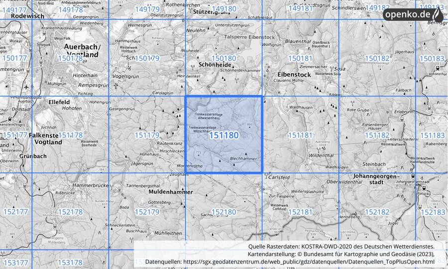 Übersichtskarte des KOSTRA-DWD-2020-Rasterfeldes Nr. 151180