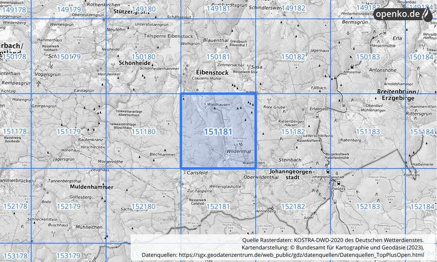 Übersichtskarte des KOSTRA-DWD-2020-Rasterfeldes Nr. 151181