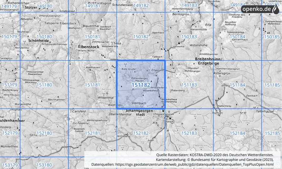Übersichtskarte des KOSTRA-DWD-2020-Rasterfeldes Nr. 151182