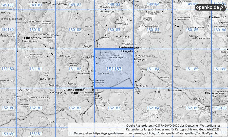 Übersichtskarte des KOSTRA-DWD-2020-Rasterfeldes Nr. 151183