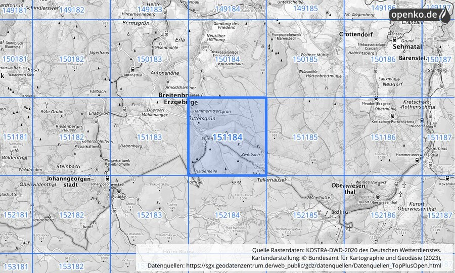 Übersichtskarte des KOSTRA-DWD-2020-Rasterfeldes Nr. 151184