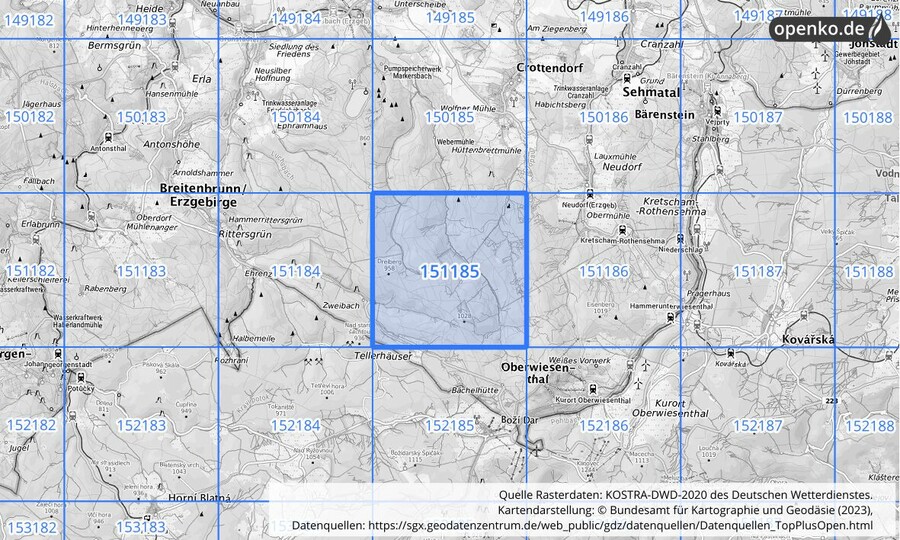 Übersichtskarte des KOSTRA-DWD-2020-Rasterfeldes Nr. 151185