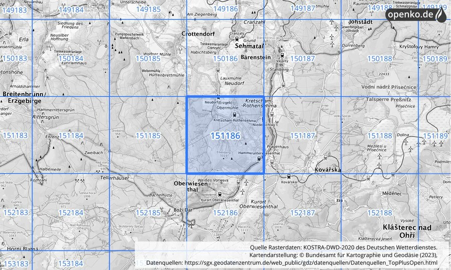 Übersichtskarte des KOSTRA-DWD-2020-Rasterfeldes Nr. 151186