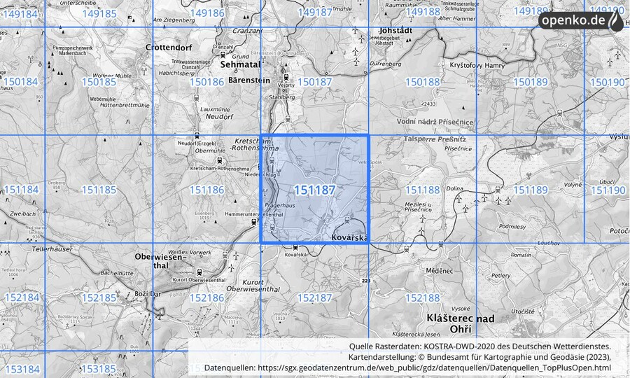 Übersichtskarte des KOSTRA-DWD-2020-Rasterfeldes Nr. 151187