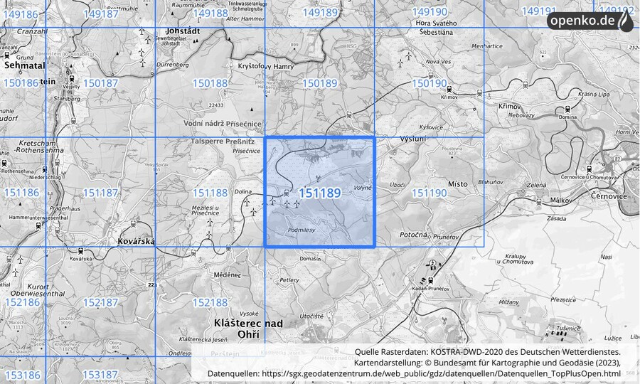 Übersichtskarte des KOSTRA-DWD-2020-Rasterfeldes Nr. 151189