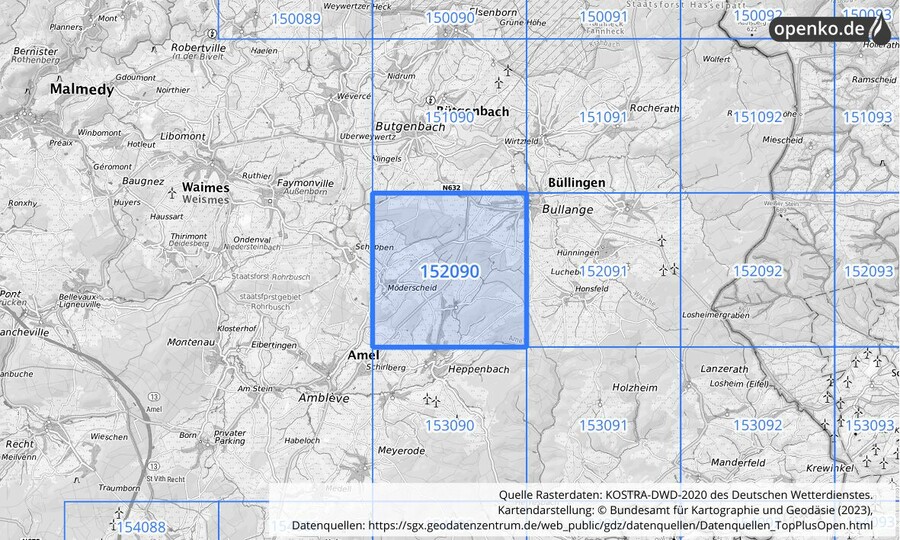 Übersichtskarte des KOSTRA-DWD-2020-Rasterfeldes Nr. 152090