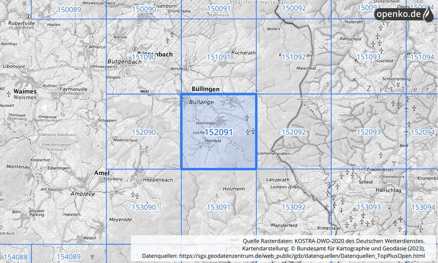 Übersichtskarte des KOSTRA-DWD-2020-Rasterfeldes Nr. 152091