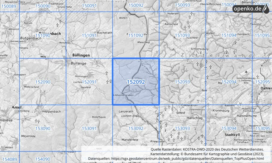 Übersichtskarte des KOSTRA-DWD-2020-Rasterfeldes Nr. 152092