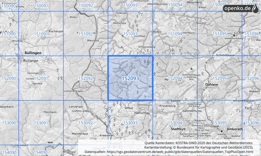 Übersichtskarte des KOSTRA-DWD-2020-Rasterfeldes Nr. 152093