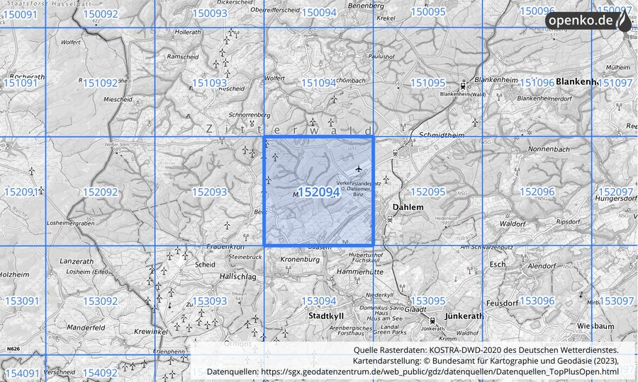 Übersichtskarte des KOSTRA-DWD-2020-Rasterfeldes Nr. 152094