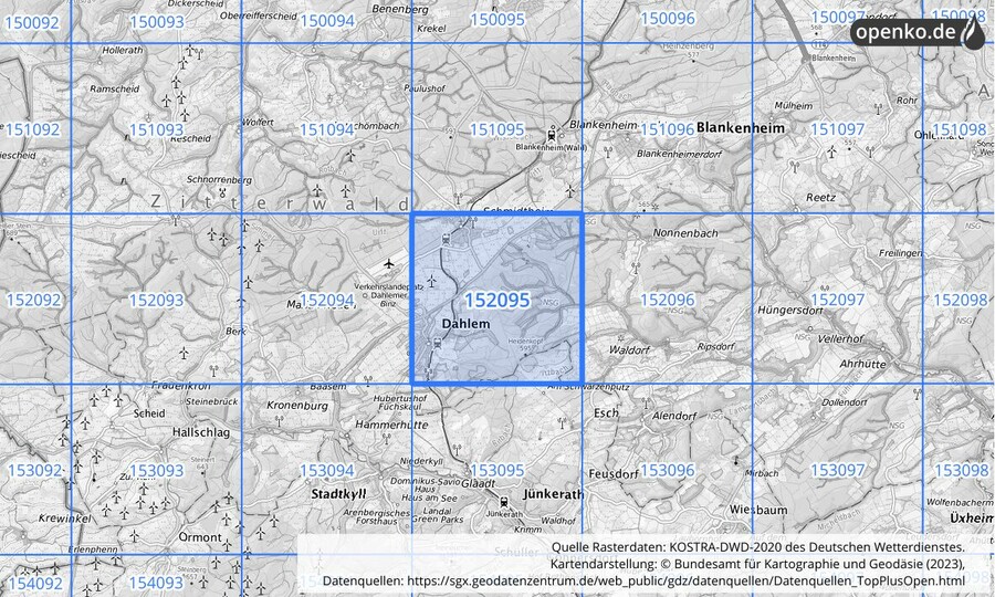 Übersichtskarte des KOSTRA-DWD-2020-Rasterfeldes Nr. 152095