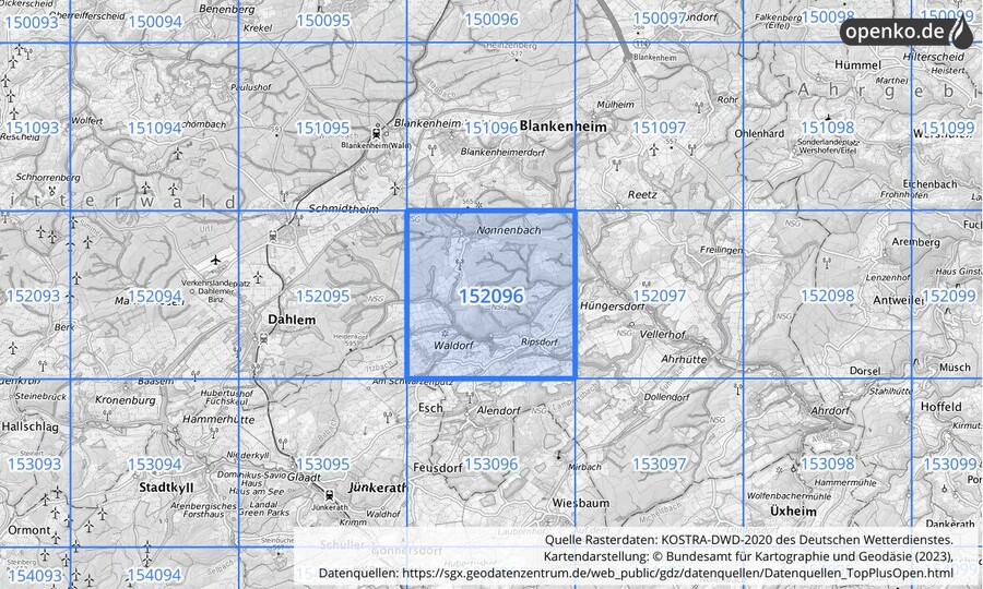 Übersichtskarte des KOSTRA-DWD-2020-Rasterfeldes Nr. 152096