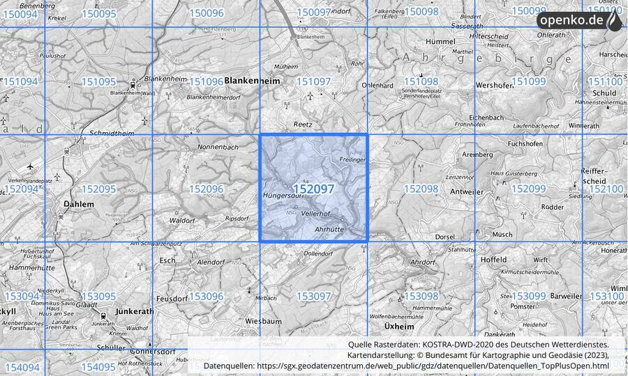 Übersichtskarte des KOSTRA-DWD-2020-Rasterfeldes Nr. 152097