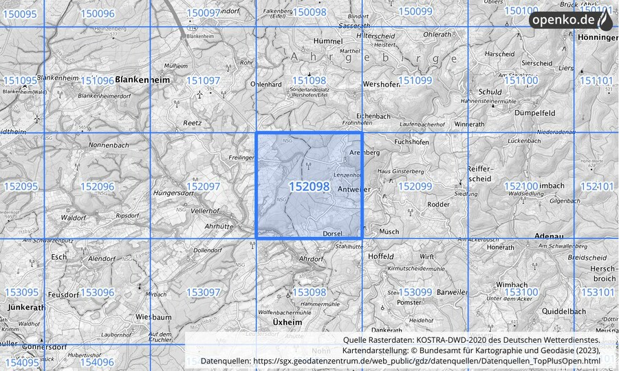 Übersichtskarte des KOSTRA-DWD-2020-Rasterfeldes Nr. 152098