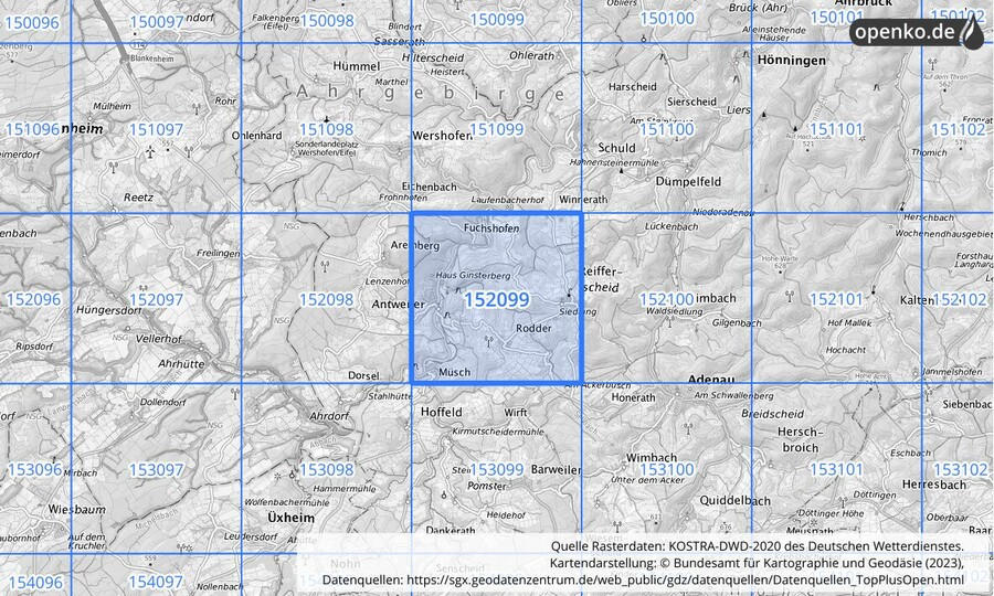 Übersichtskarte des KOSTRA-DWD-2020-Rasterfeldes Nr. 152099