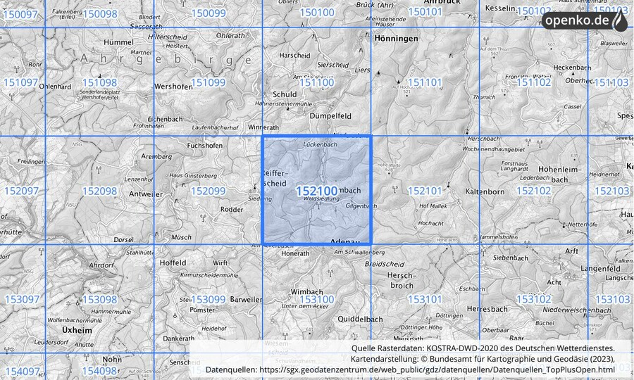 Übersichtskarte des KOSTRA-DWD-2020-Rasterfeldes Nr. 152100