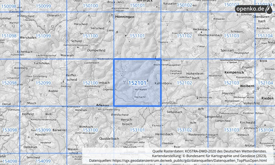 Übersichtskarte des KOSTRA-DWD-2020-Rasterfeldes Nr. 152101