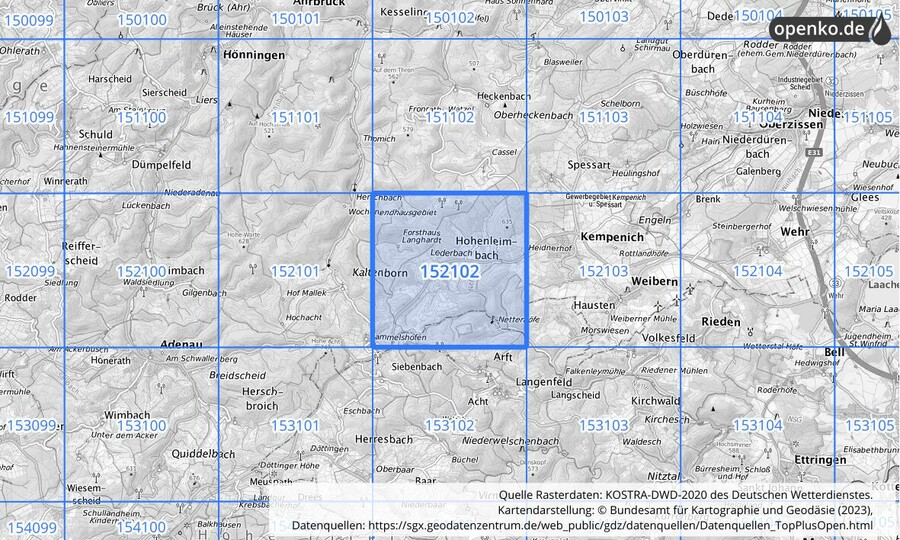 Übersichtskarte des KOSTRA-DWD-2020-Rasterfeldes Nr. 152102