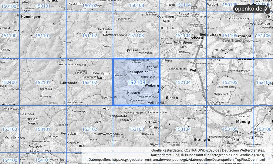 Übersichtskarte des KOSTRA-DWD-2020-Rasterfeldes Nr. 152103