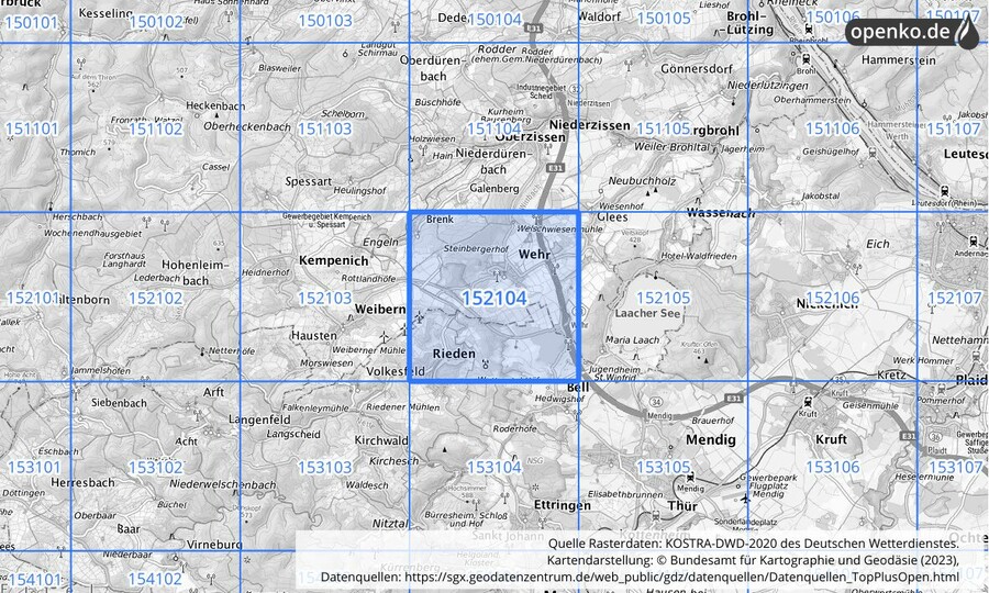 Übersichtskarte des KOSTRA-DWD-2020-Rasterfeldes Nr. 152104
