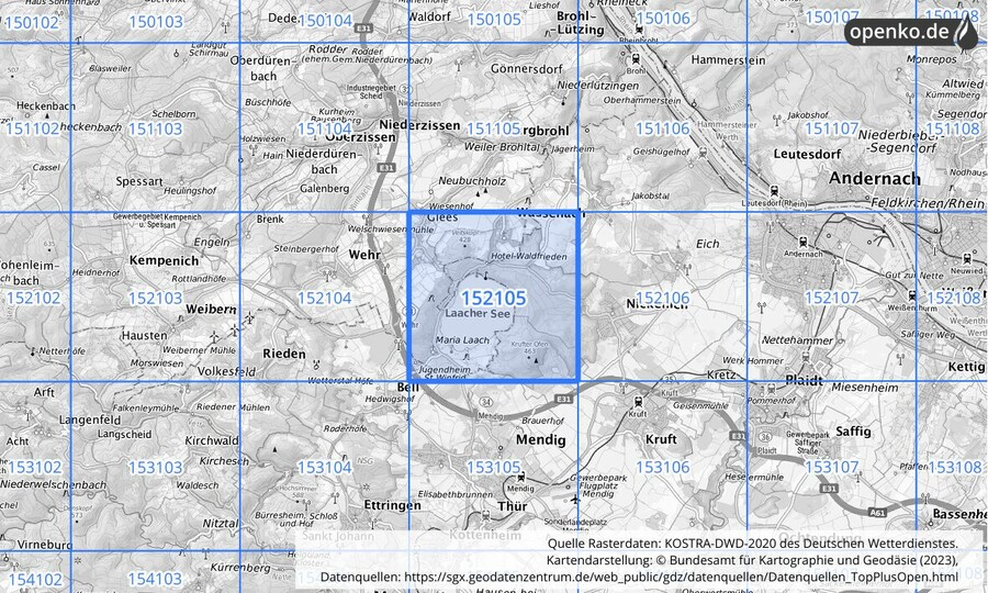 Übersichtskarte des KOSTRA-DWD-2020-Rasterfeldes Nr. 152105