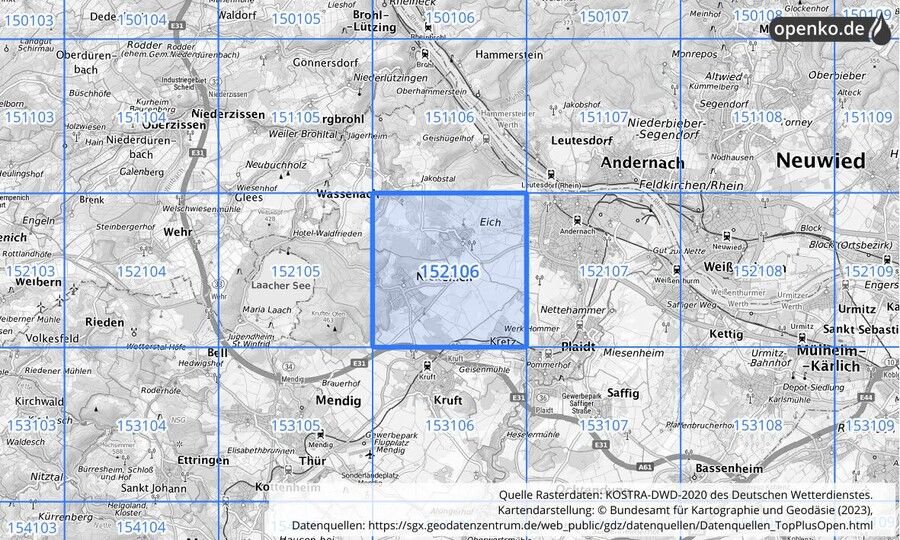 Übersichtskarte des KOSTRA-DWD-2020-Rasterfeldes Nr. 152106