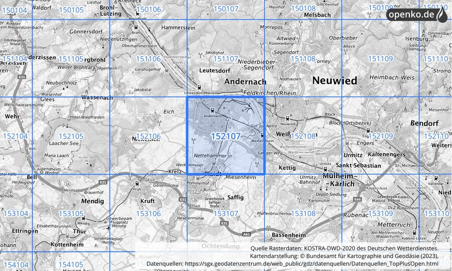 Übersichtskarte des KOSTRA-DWD-2020-Rasterfeldes Nr. 152107