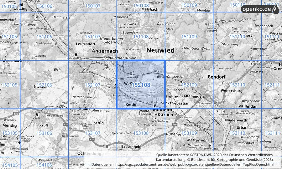 Übersichtskarte des KOSTRA-DWD-2020-Rasterfeldes Nr. 152108