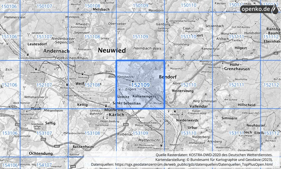 Übersichtskarte des KOSTRA-DWD-2020-Rasterfeldes Nr. 152109